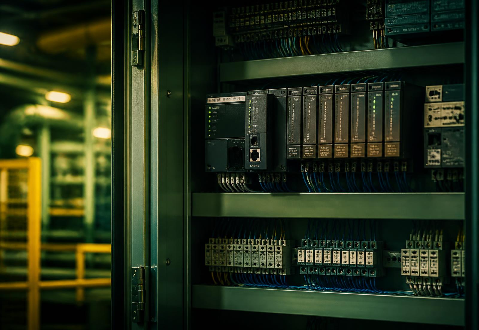 Sala de controle de automação industrial com painéis elétricos e linha de produção ao fundo