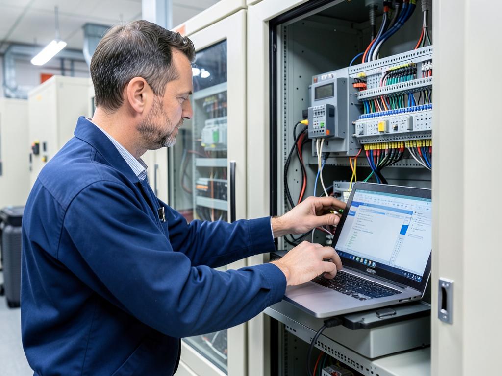 Técnico programando um controlador industrial em painel de automação