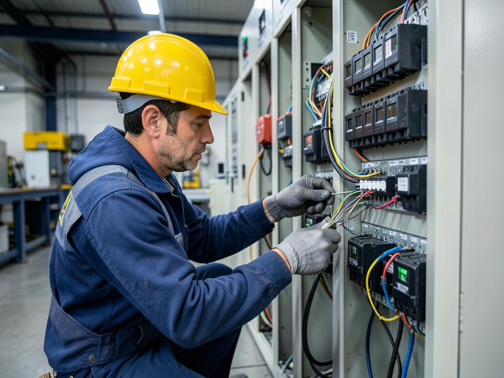 Eletricista industrial realizando ligações em painel elétrico