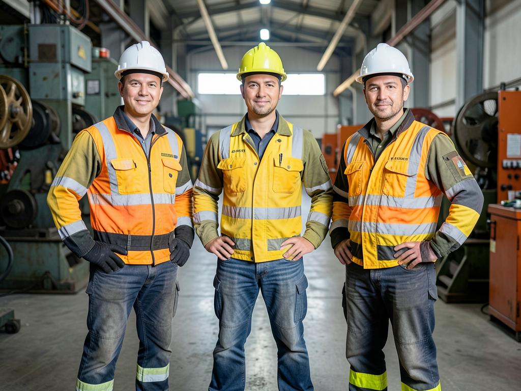 Equipe de técnicos industriais com equipamentos de proteção