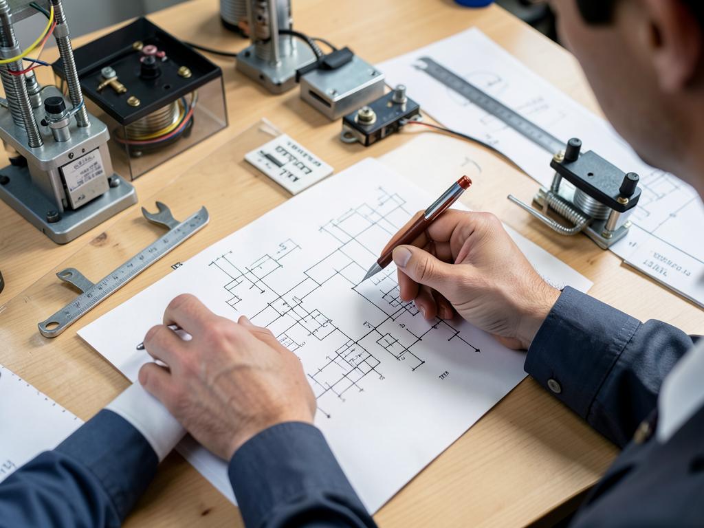 Engenheiro analisando diagramas elétricos sobre a bancada