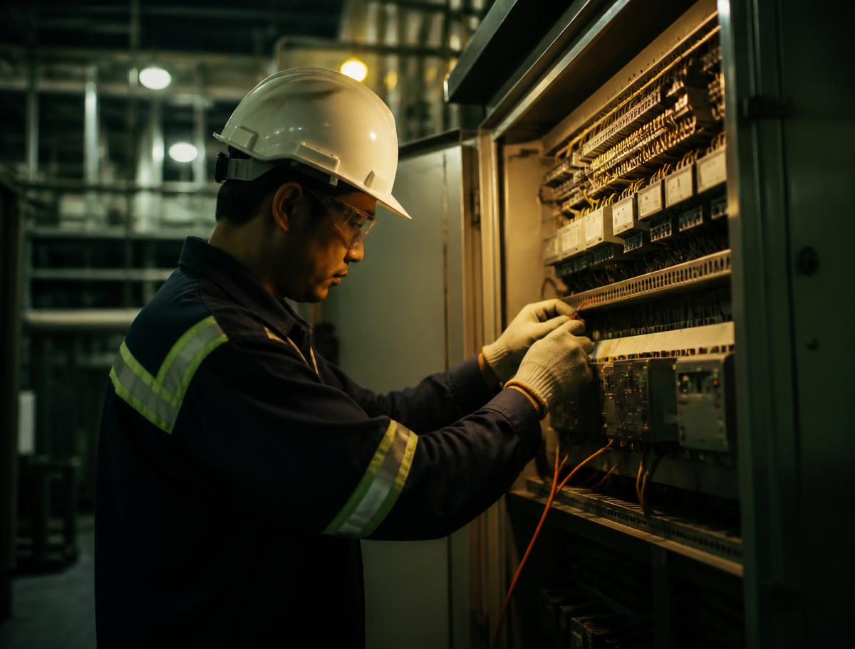Profissional realizando serviço em painel elétrico industrial